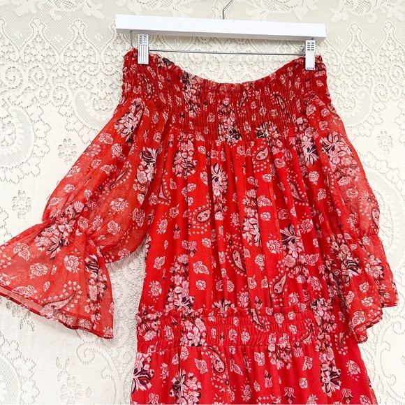 MISA Los Angeles Darla Off the Shoulder Dress Red Paisley - Picture 6 of 16
